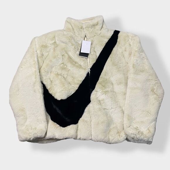 Nike Sportswear Faux Fur Fossil White Womens Big Swoosh Jacket DM1759-238 size L - Picture 1 of 11